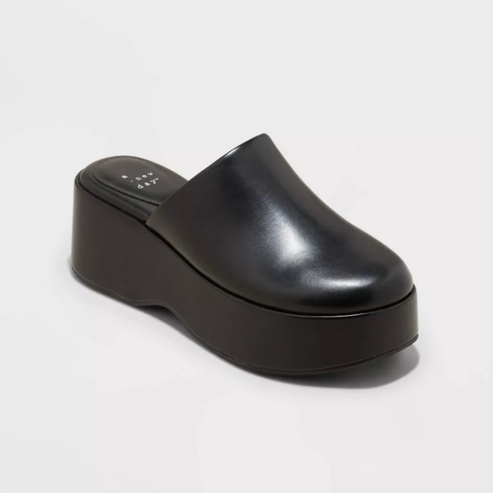 a .new day Women's Faux Leather Slip On Casual Platform Mules, Black, 11